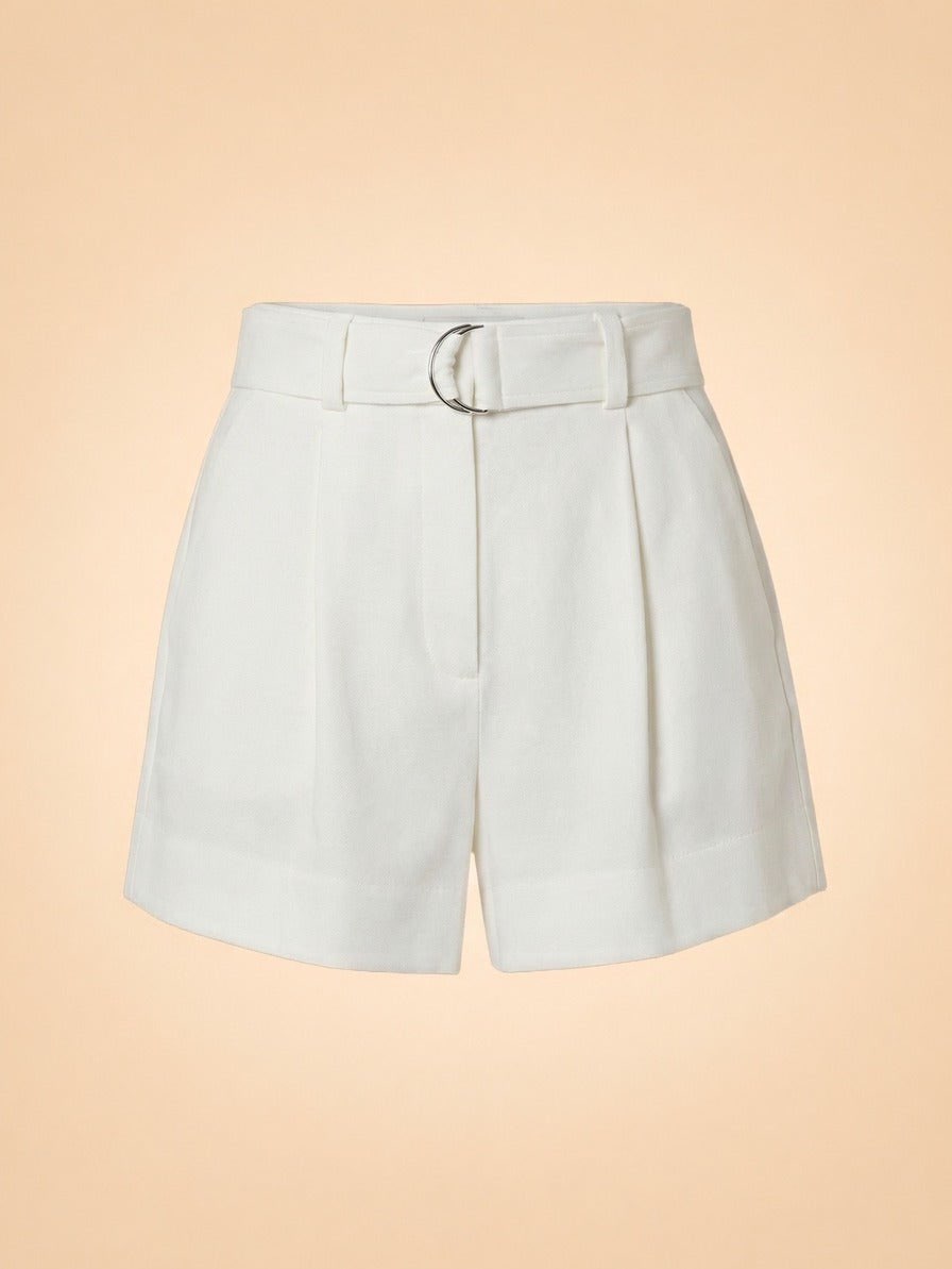 White Pleated D-Ring Belted Shorts