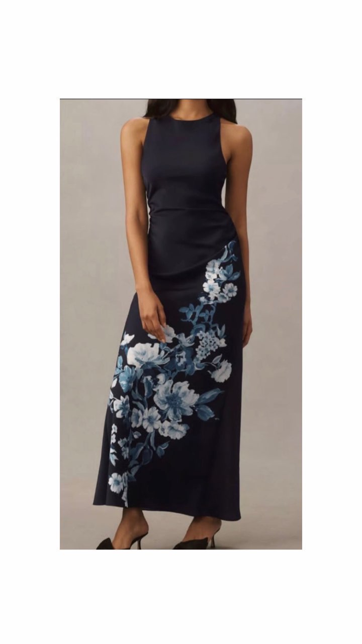 BHLDN Long Navy Dress with Floral Pattern