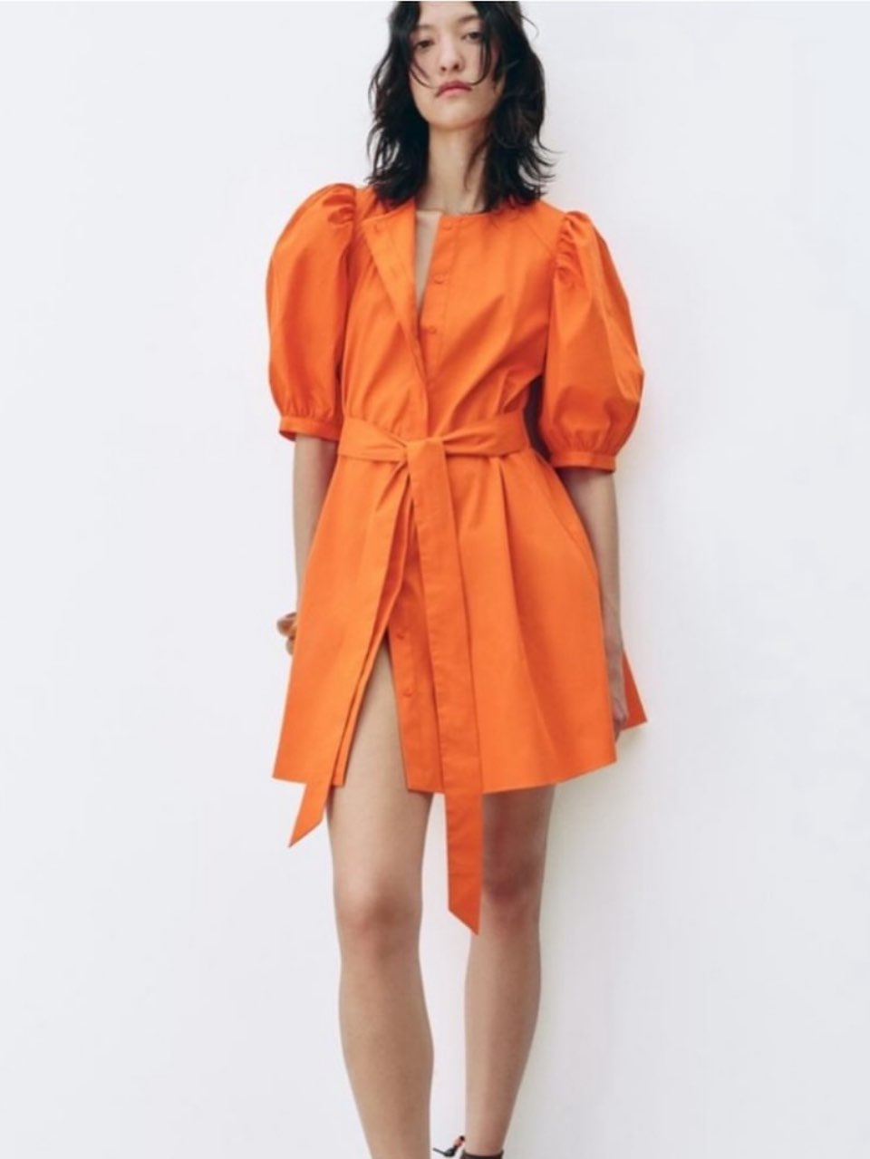 Orange Puff Sleeve Belted Mini Dress