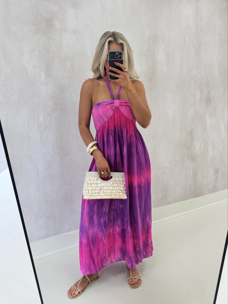 Pink and Purple Tie-Dye Halter Maxi Dress