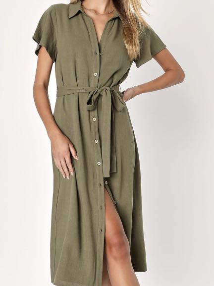 Italian Summer Olive Green Linen Button-Up Short Sleeve Dress