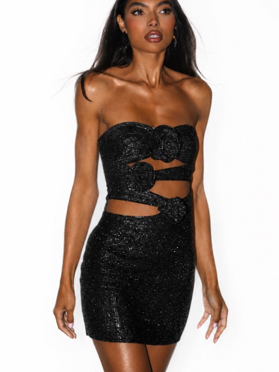 Black Sparkly Strapless Cut-Out Mini Dress