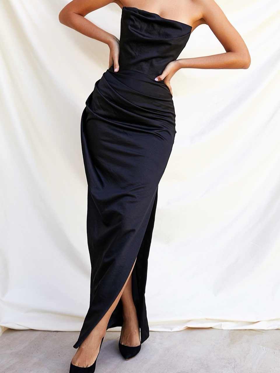 Adrienne Black Satin Strapless Corset Maxi