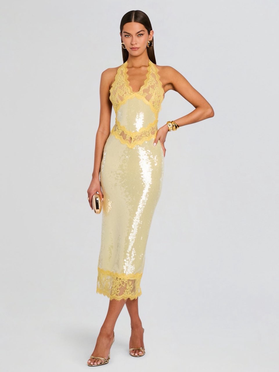 Pale Yellow Sequin Halter Dress