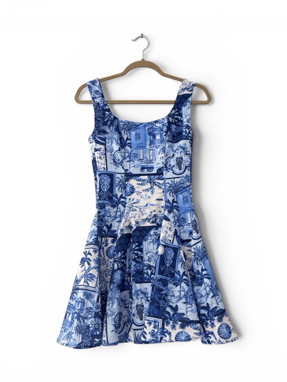 Blue and white tile print mini dress