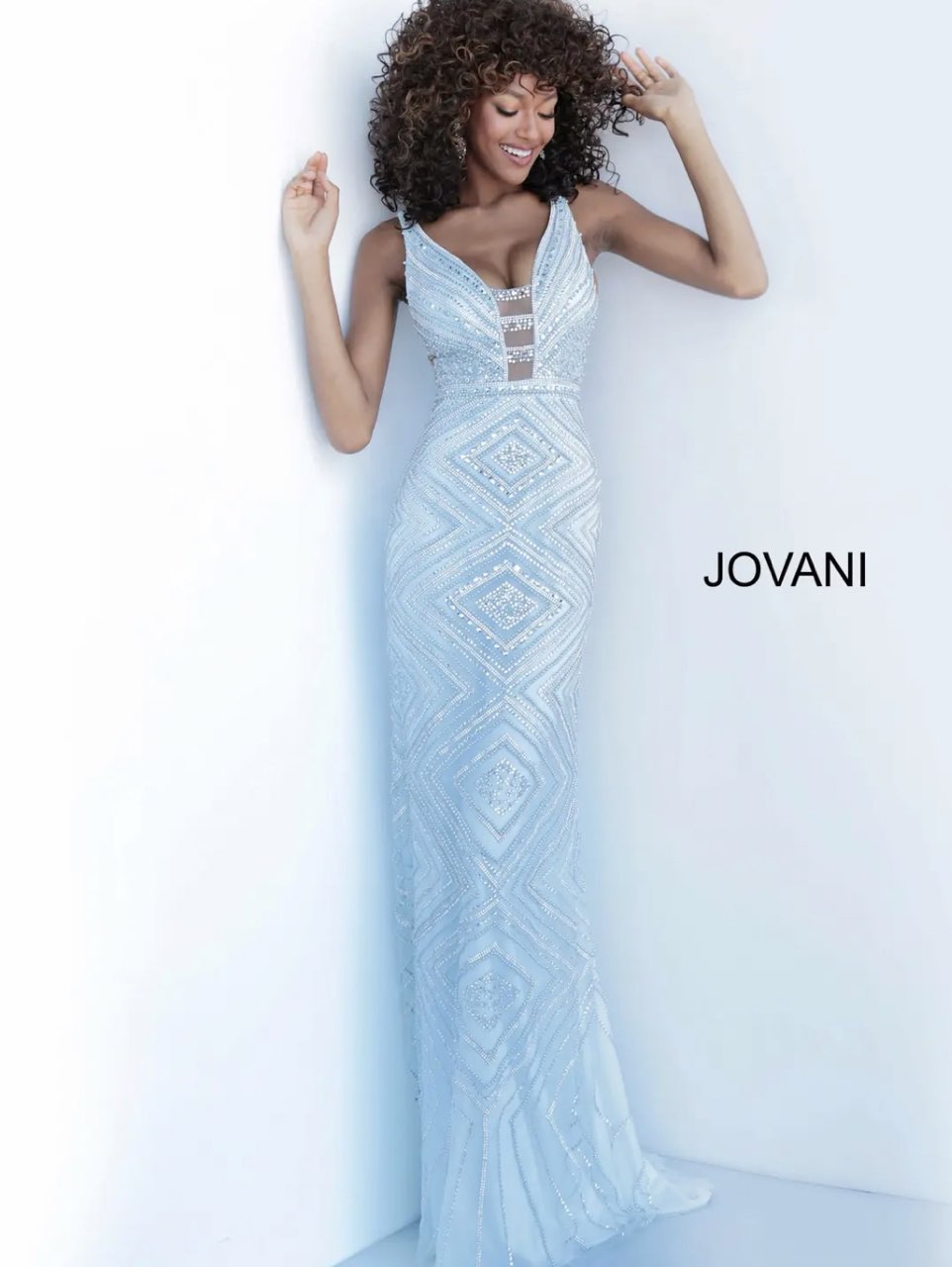 Light Blue Beaded Geometric Formal Gown