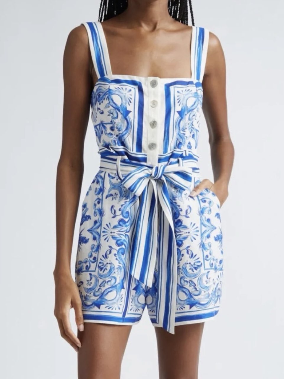 Blue and White Tile Print Romper