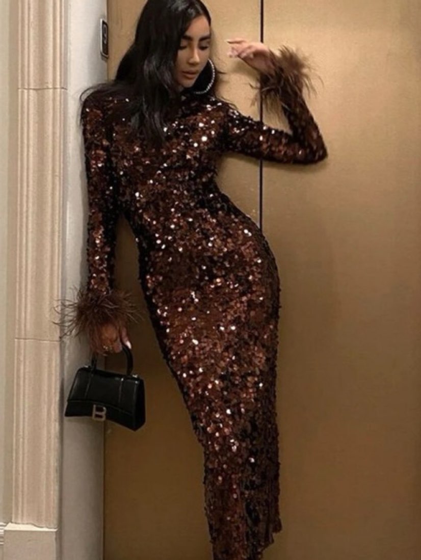 Chocolate Sequin Feather Cuff Midi Dress