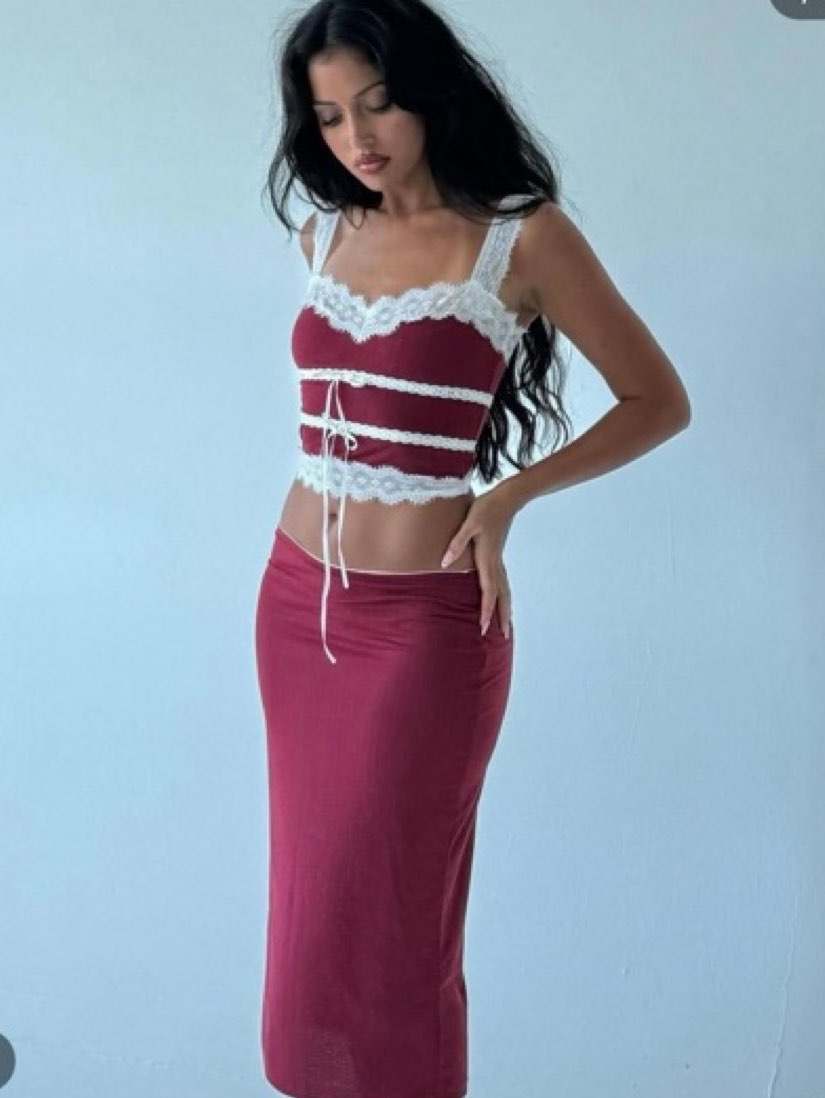 Burgundy Lace-Trim Corset Top & Midi Skirt Set