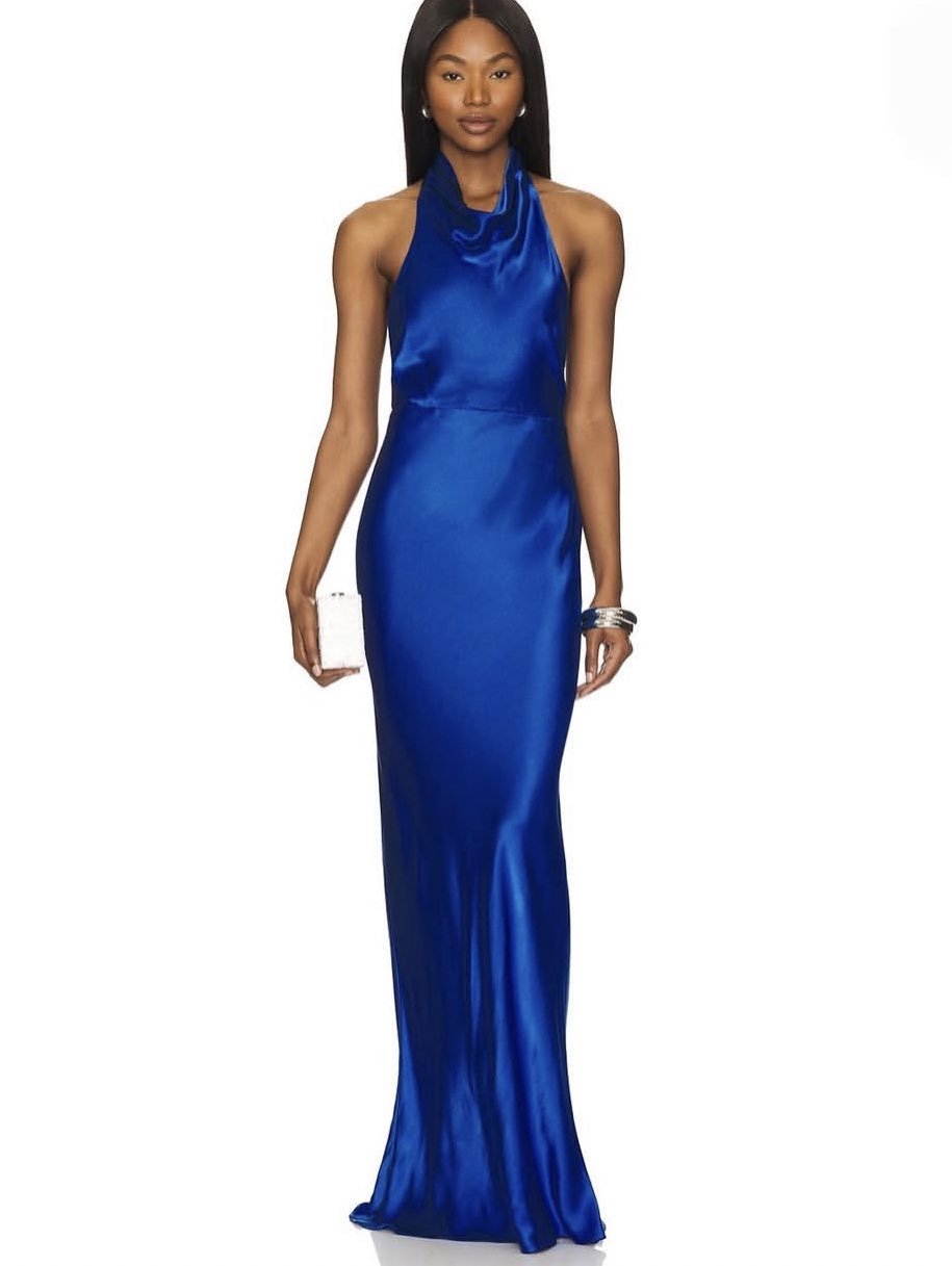Blue Satin Halter Evening Gown