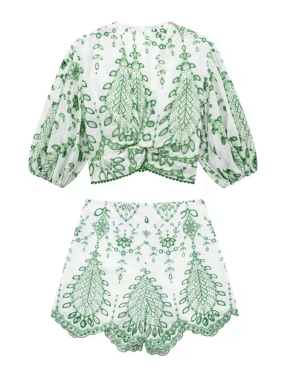 Green and White Embroidered Shorts Set