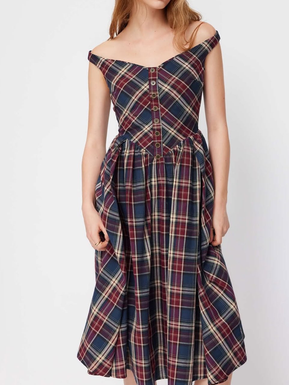 Vivienne Westwood Plaid Off-Shoulder Midi Dress