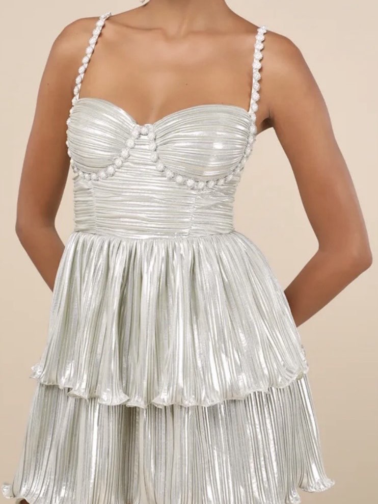Metallic Pleated Mini Dress with Pearl Strap