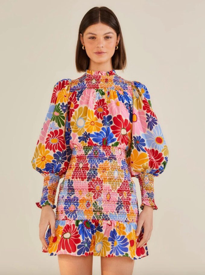 Farm Rio Sunny Daisies Smocked Ruffle-Trim Mini Dress