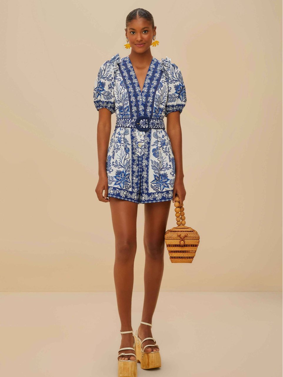 Farm Rio Blue and White Floral Belted Romper