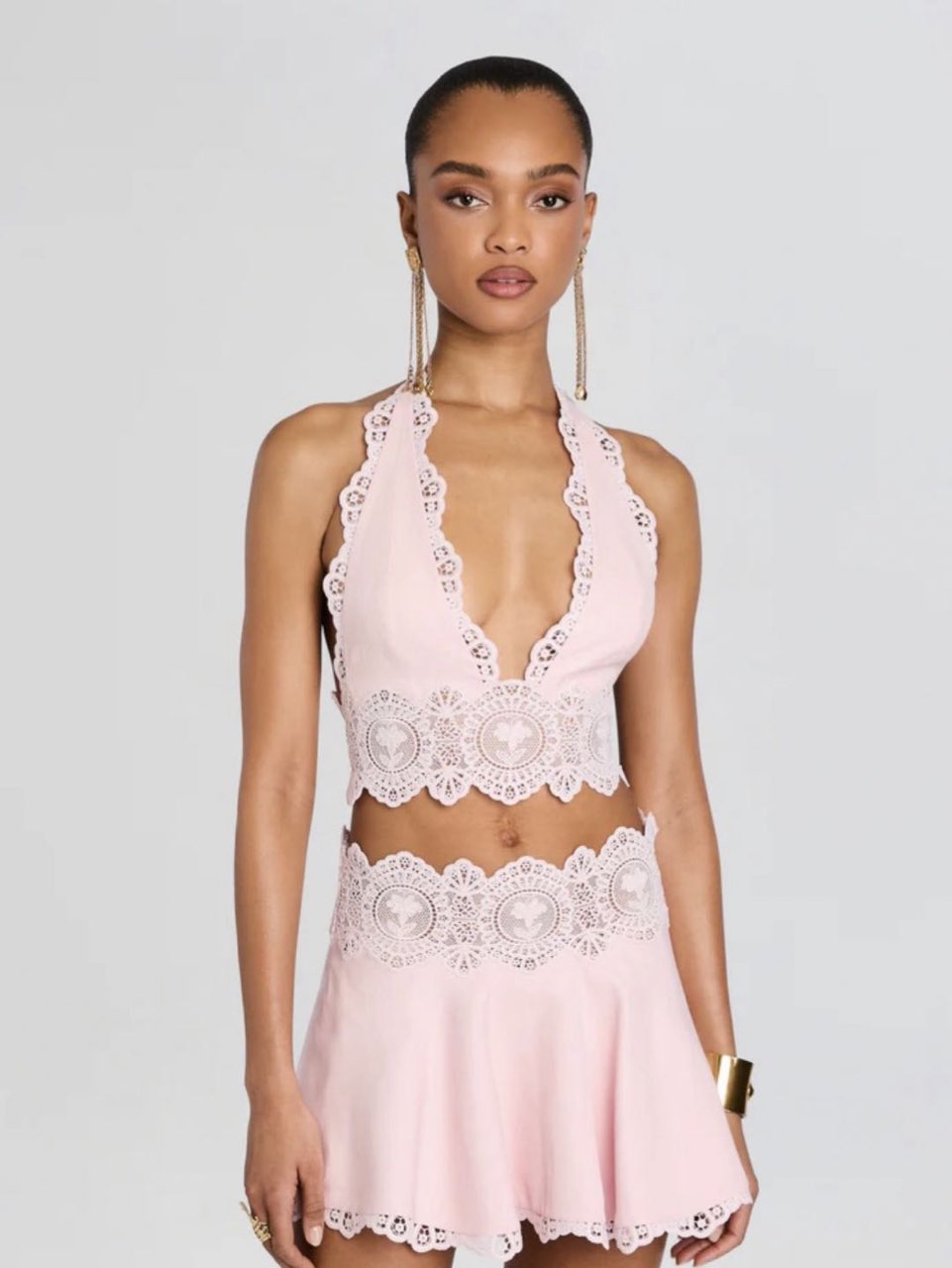Pink Lace Halter Crop Top and Skirt Set