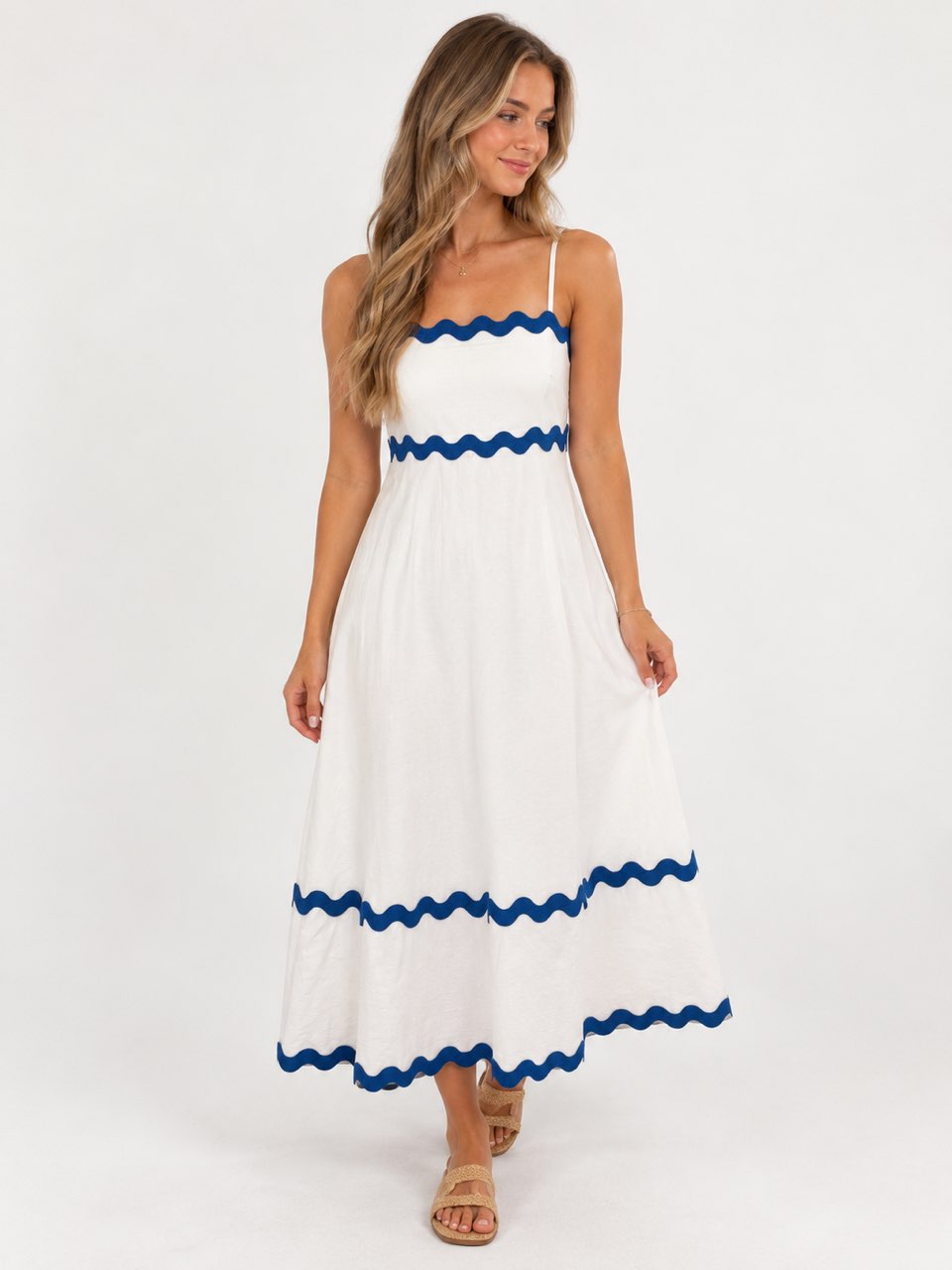 White & Blue Scallop Trim Midi Dress