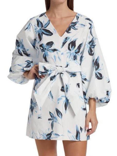 White Floral V-Neck Mini Dress with Balloon Sleeves