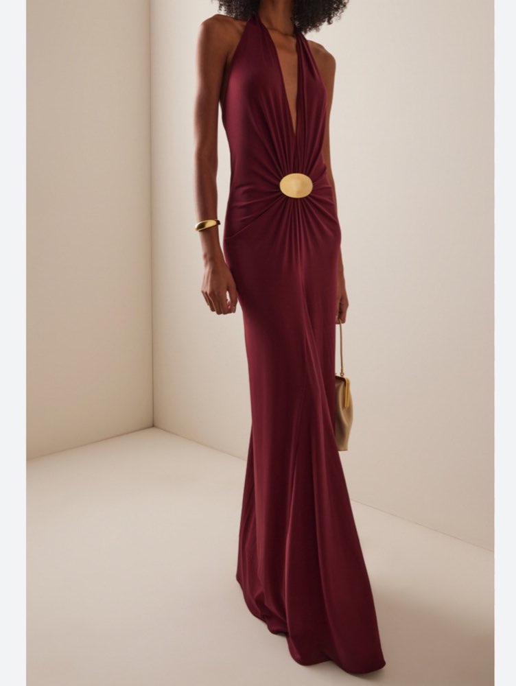 Burgundy Halter Deep V Maxi Dress with Gold Buckle