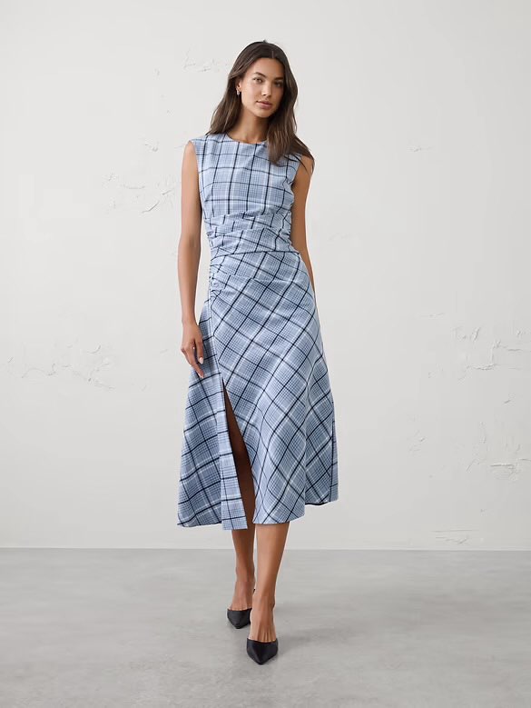 Blue Plaid Ruched Midi Dress
