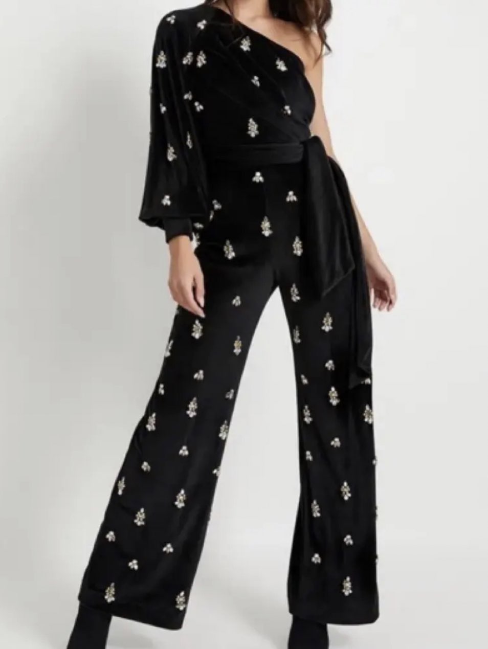 Black Embellished One-Shoulder Velvet Jumpsuit