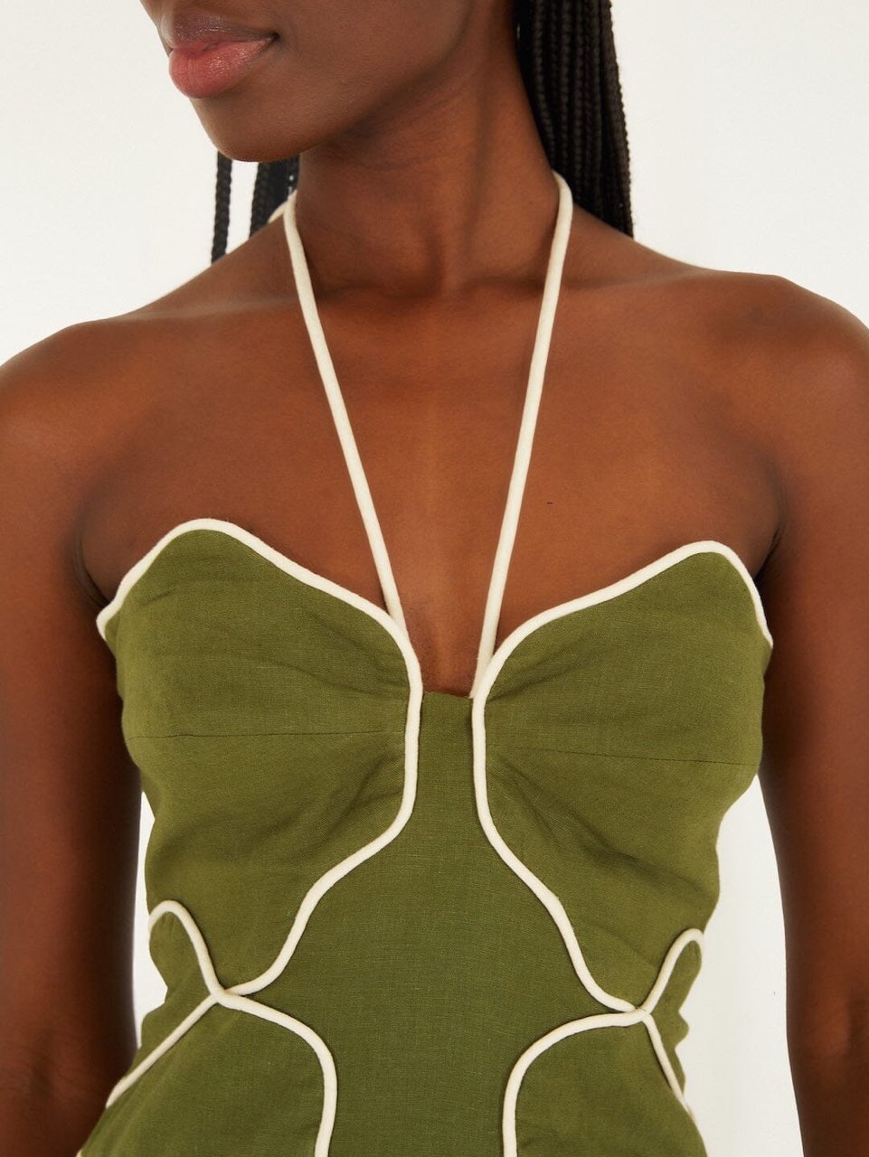 Olive Green Halter Mini Dress with Contrast Piping