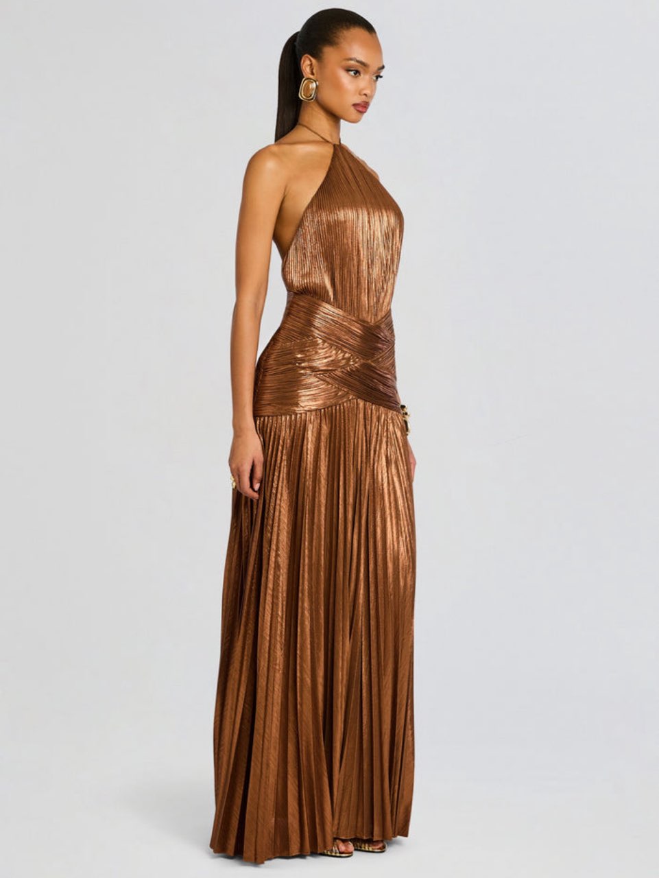 Bronze Metallic Pleated Halter Gown