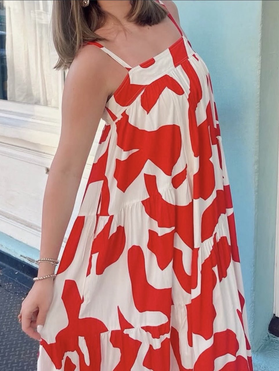 Red and White Abstract Print Tiered Maxi Dress
