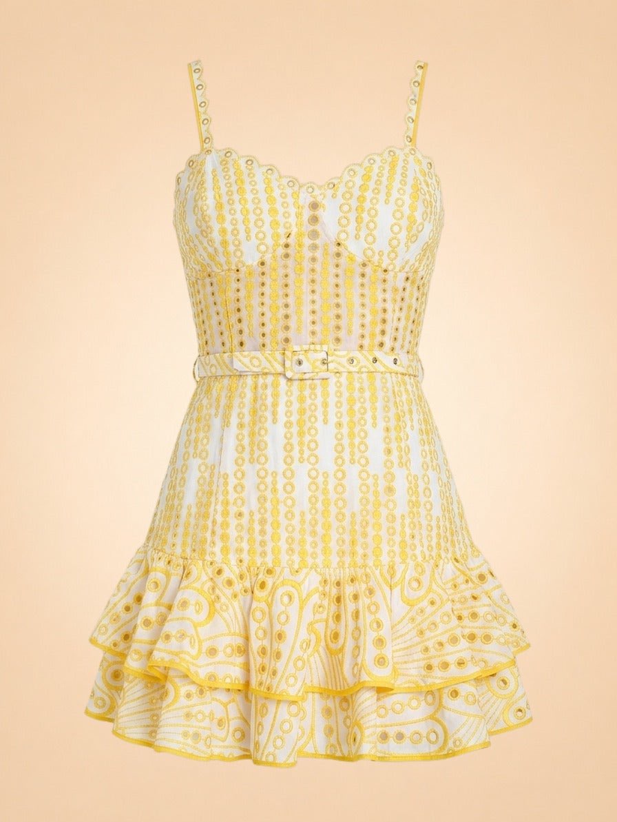 Yellow and White Eyelet Ruffle Mini Dress