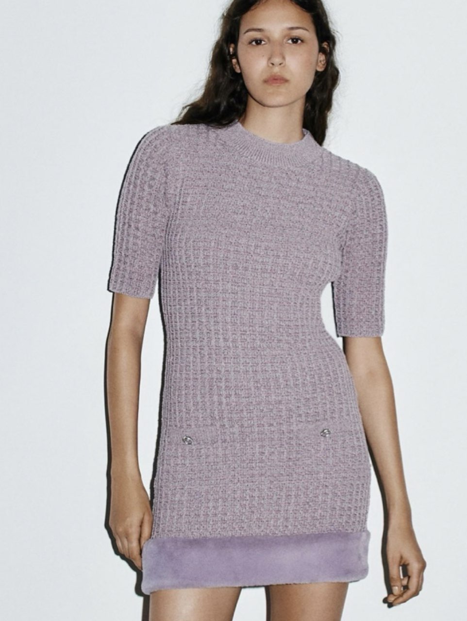 Lilac Knit Mini Dress with Faux Fur Trim