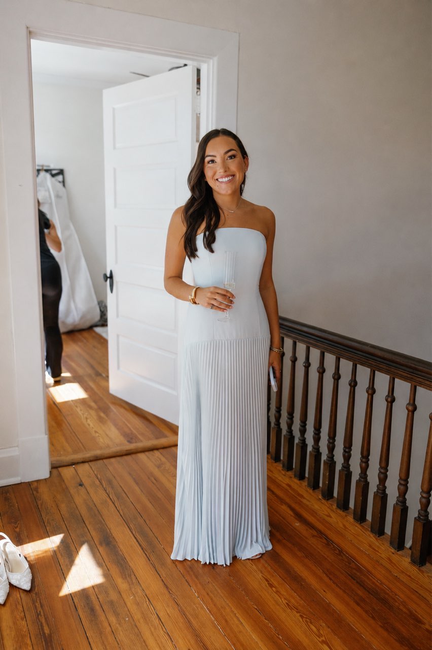 Light Blue Strapless Pleated Maxi Dress