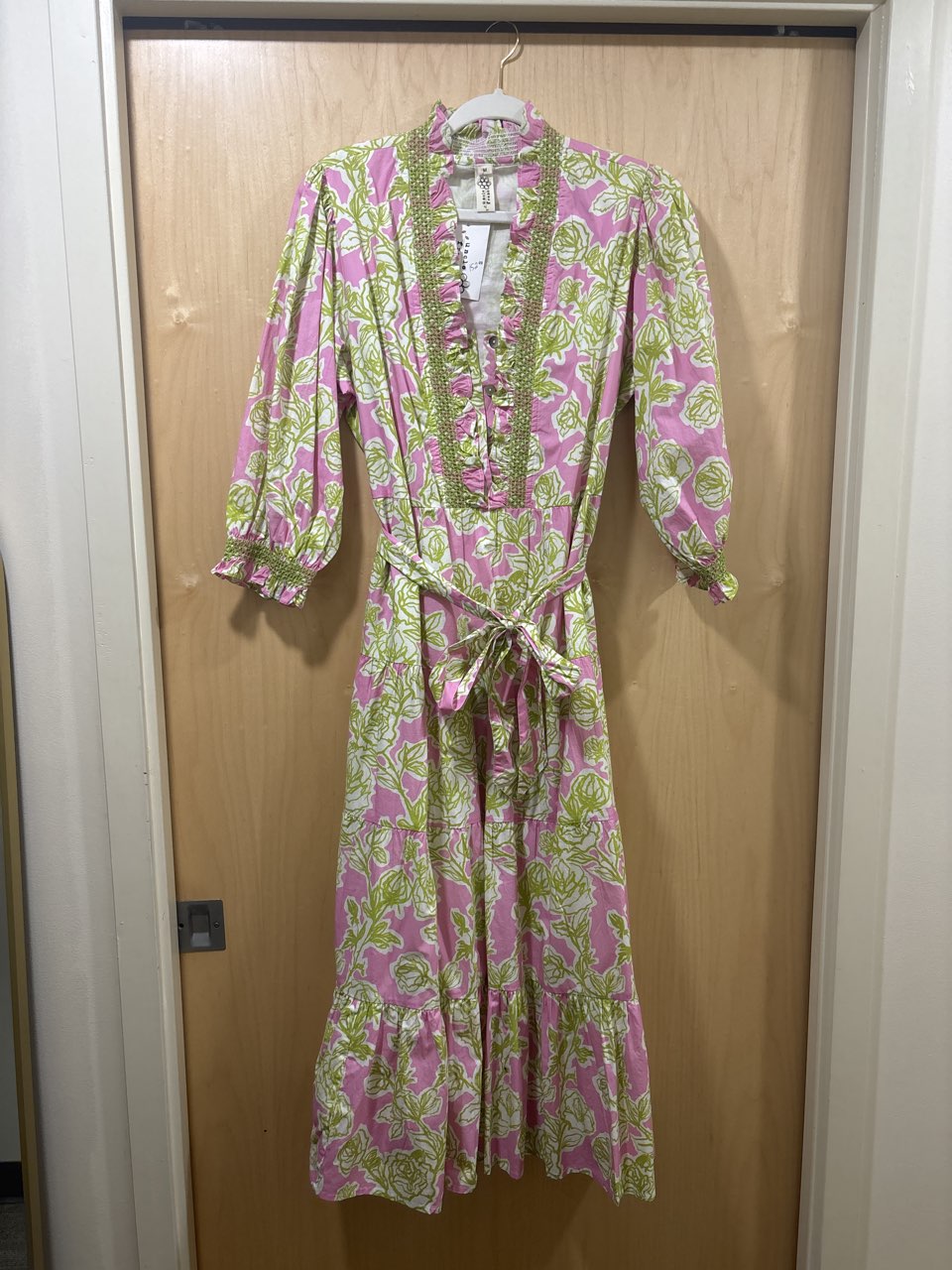 Pink and Green Floral Ruffled Midi Dress