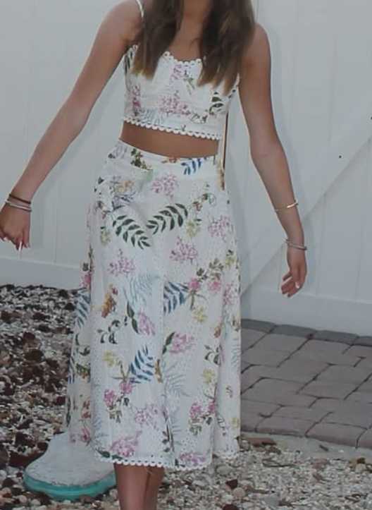 White Floral Eyelet Crop Top and Midi Skirt Set