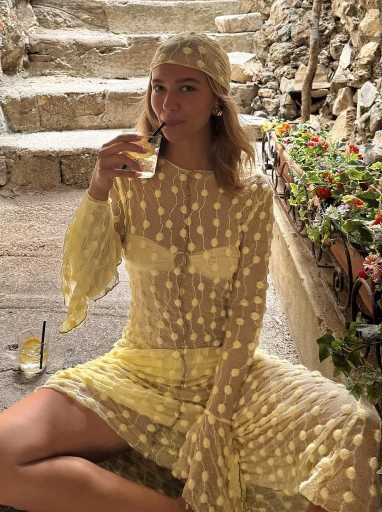 Yellow Sheer Polka Dot Mini Dress