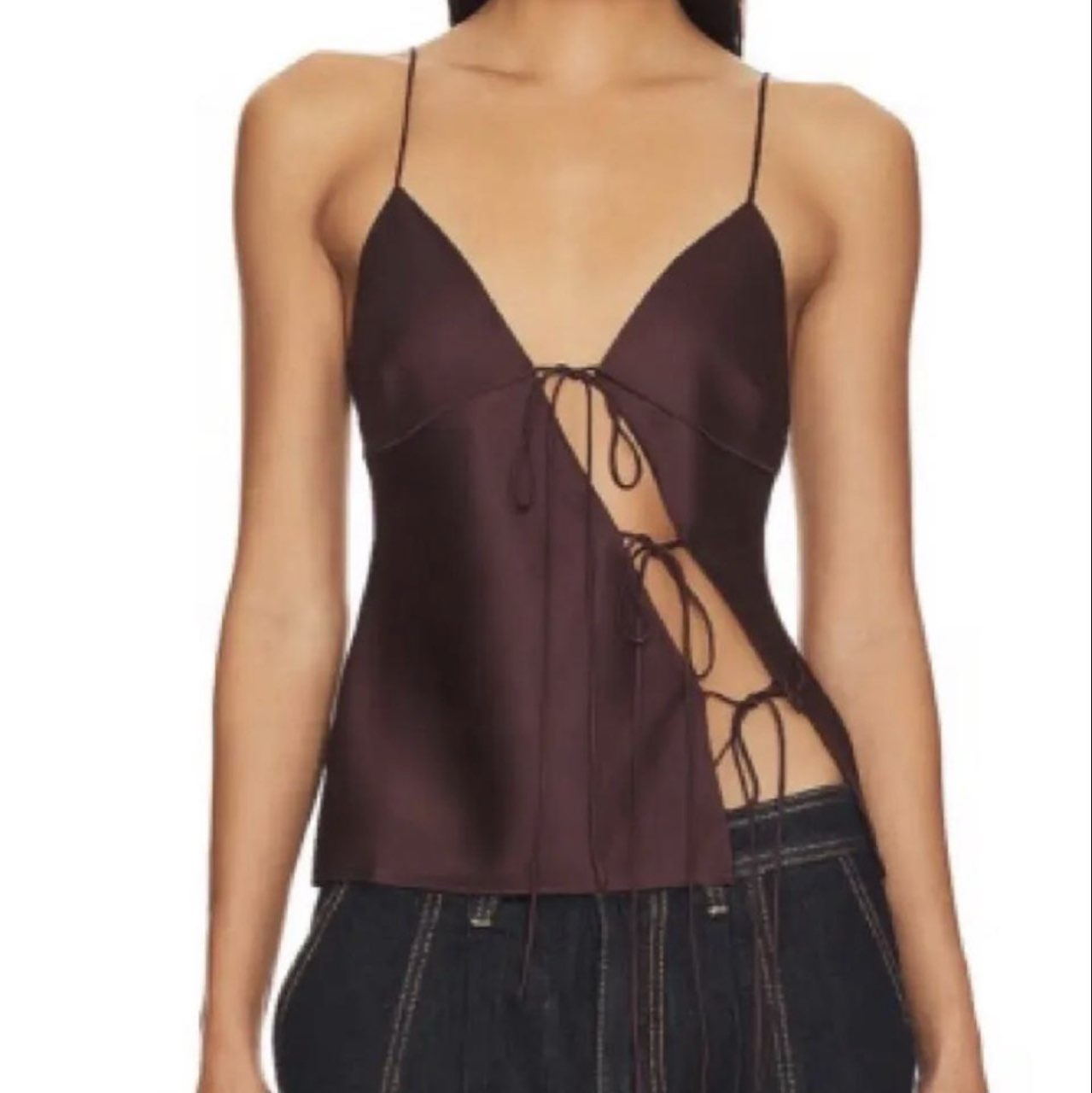 Brown Silk Lace-Up Cami Top