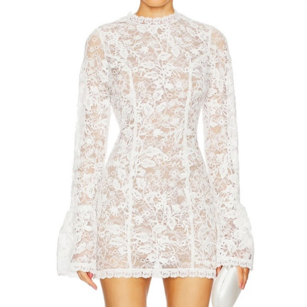 line and dot White Lace High Neck Mini Dress