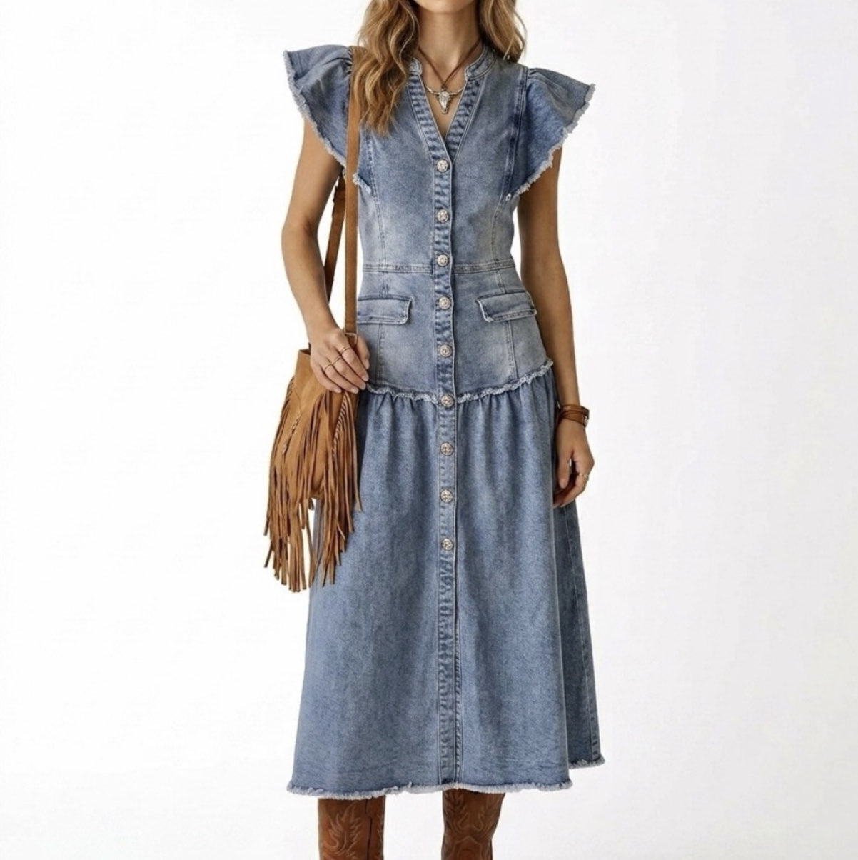 Denim Ruffle Sleeve Midi Dress