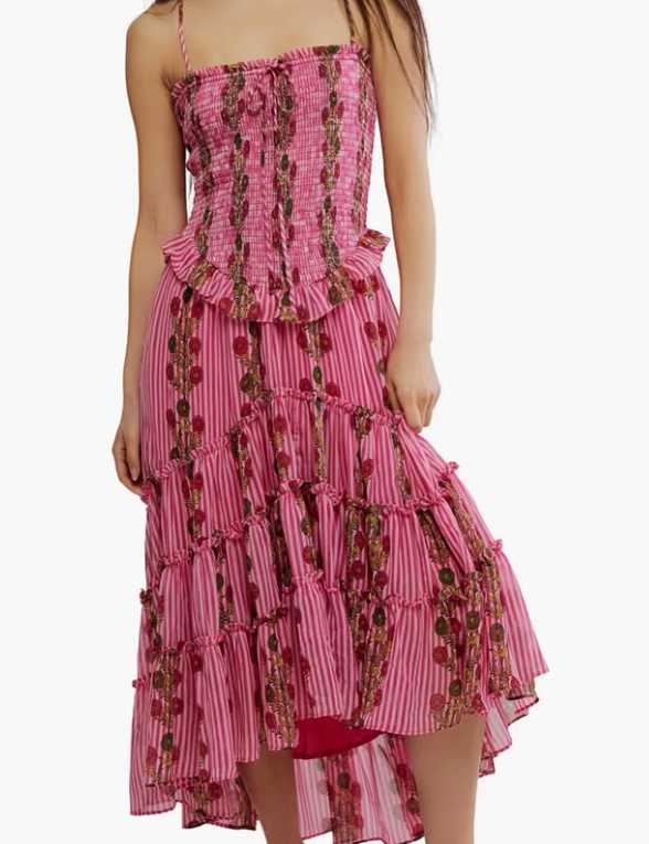 Pink Floral Striped Smocked Top and Tiered Skirt Set