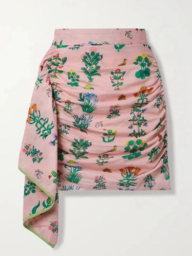 Hannah draped ruched printed cotton mini skirt