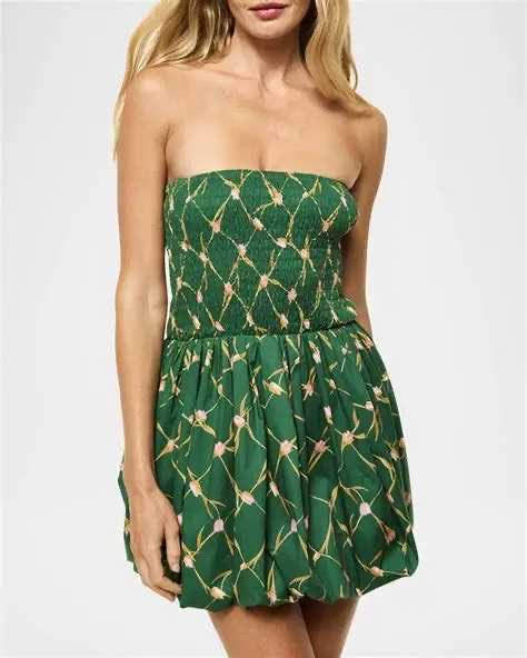 Dark Green Patterned Strapless Mini Dress