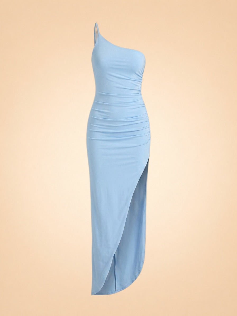 Light Blue Ruched One-Shoulder Slit Midi Dress