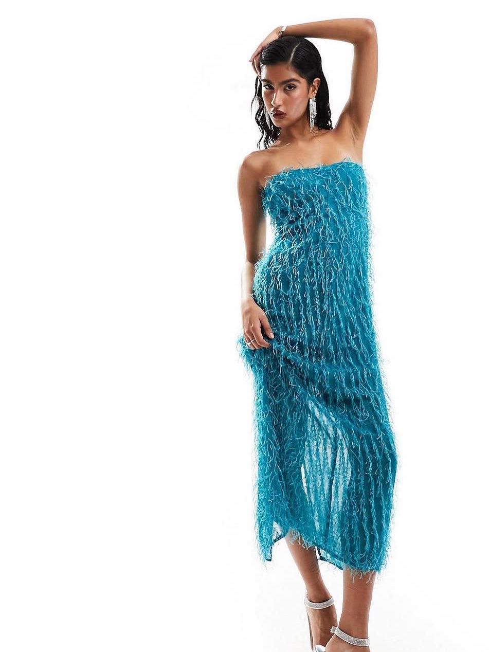 Teal Feather Strapless Midi Dress