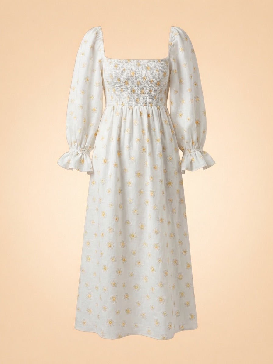 White Yellow Floral Smocked Midi Dress