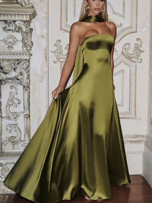 Olive Green Satin Strapless Gown with neck scarf