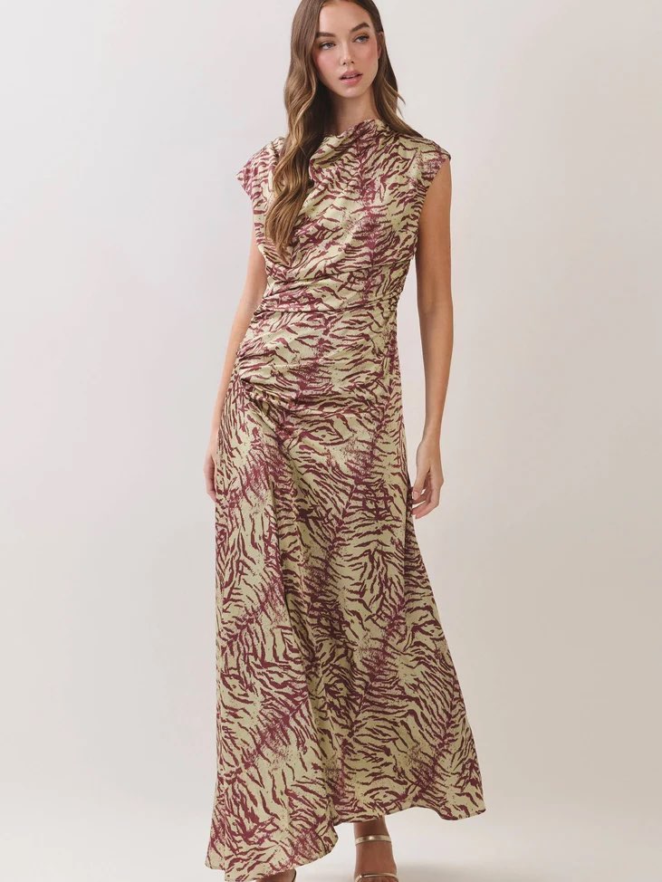 Burgundy Zebra Print Cowl Neck Maxi Dress