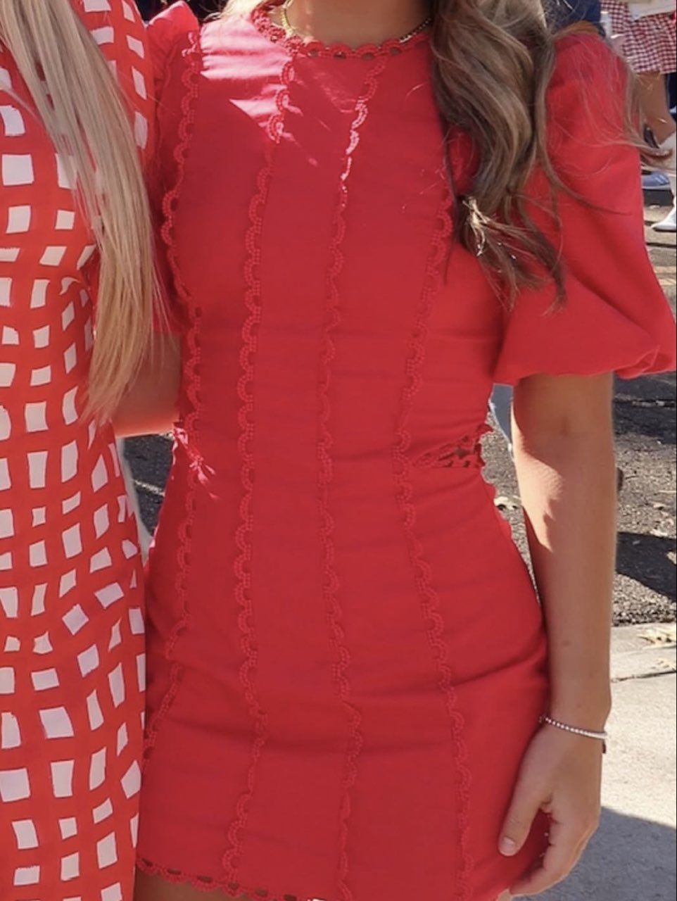 Red Scalloped Trim Puff Sleeve Midi Dress