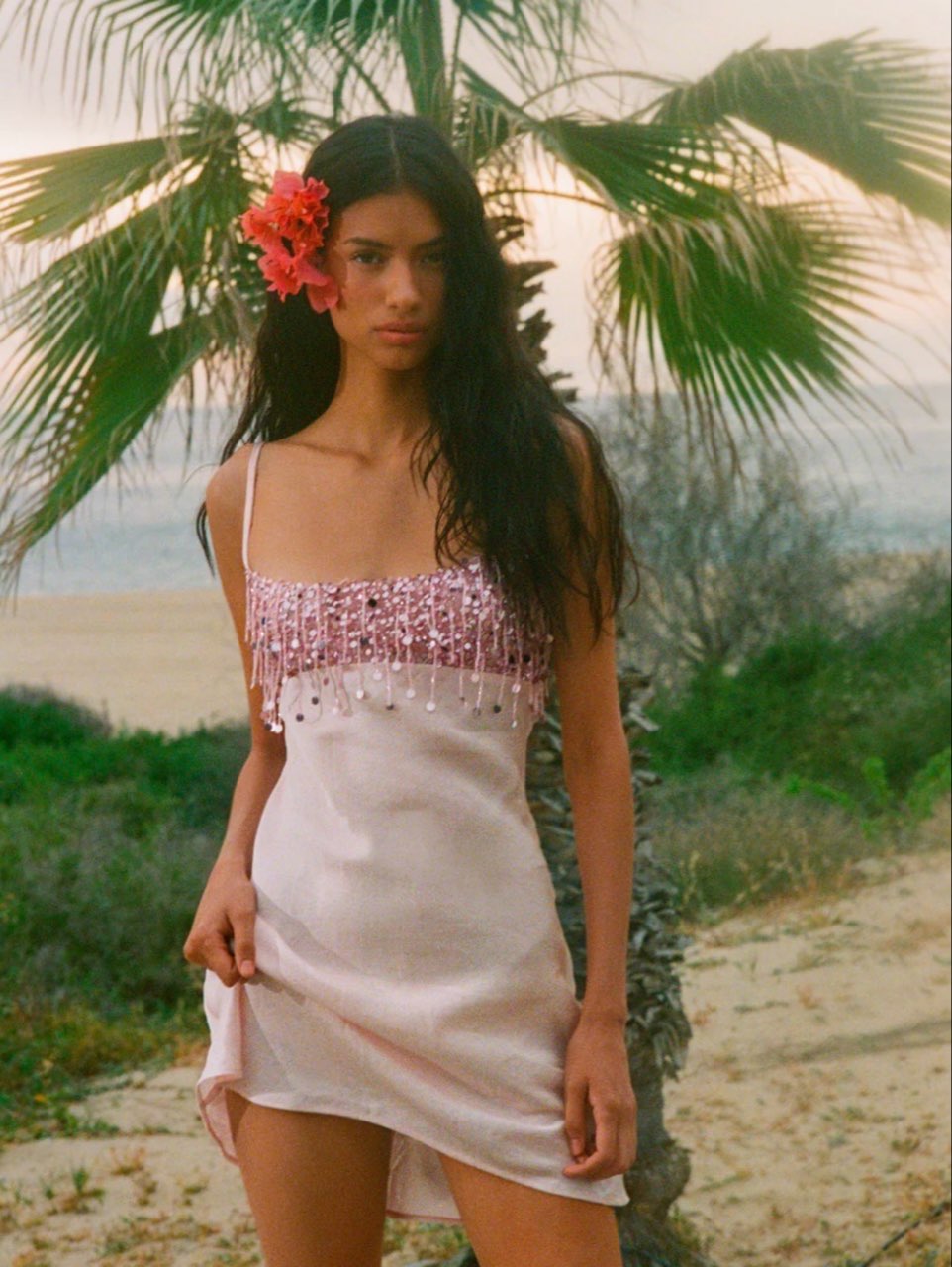 Pink Satin Mini Dress with Sequin Fringe