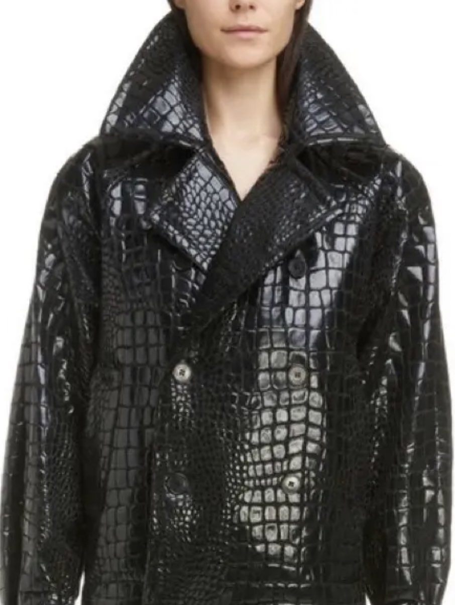 Black Crocodile-Embossed Faux Leather Jacket