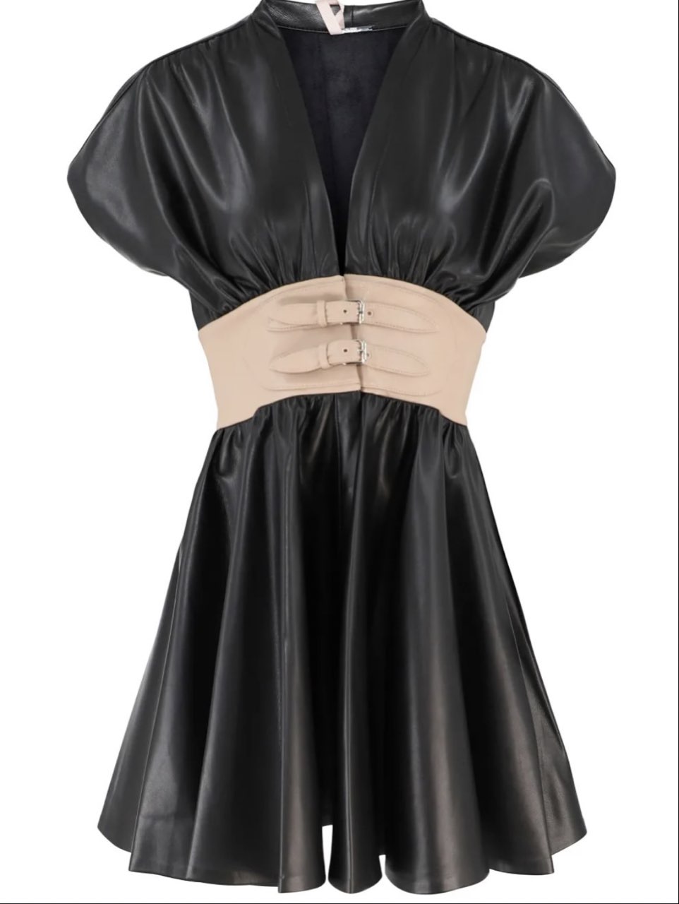 Black Faux Leather Mini Dress with Beige Waist Belt
