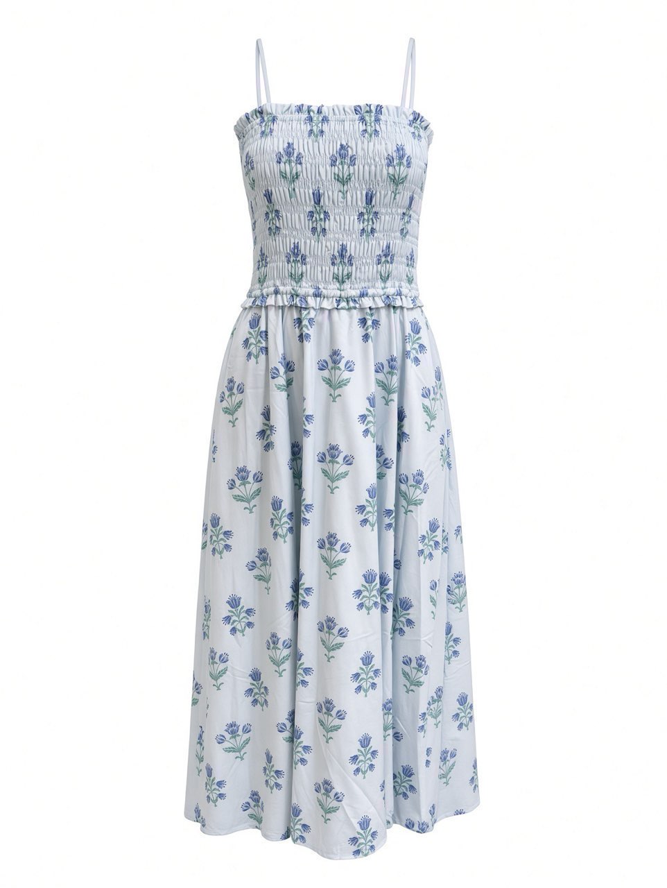 Light Blue Floral Smocked Midi Dress
